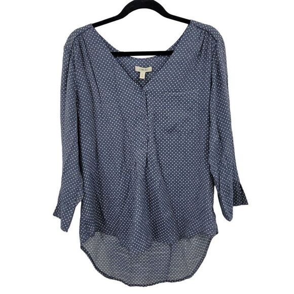 Como Blu Blouse Top L Blue Polka Dot Popover Slit Cuff Casual Peasant Rayon - Picture 1 of 14